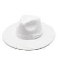 Detail of white wool wide brim fedora hat featuring matching satin ribbon and bow - M / White
