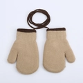 Khaki and dark brown knitted toddler mittens with a practical neck strap cord - 1-3 Years / Regular Lanyard Style / Beige
