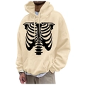 Men's beige fleece hoodie featuring a black rib cage skeleton print and kangaroo pocket - S / Tops / Beige