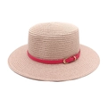 Detail of light pink woven straw hat featuring a slim red leather band and gold buckle - M(56-58cm) / Light Pink
