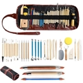 Clay pottery tool set with wooden handles and black roll-up pouch for DIY sculpting - Clay Tool Set 36 [b] / Pencil Bag