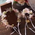 Floral princess crown set with pink chiffon flowers, faux pearls and ribbons for flower girls - Set / Fruit Green Pearl Flower Streamer + Wrist Flower