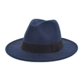 Close-up of the black elastic band detail on a navy blue wool felt fedora hat - M (56-58cm) / Navy Blue