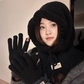 Women black knitted winter balaclava hood and matching glove set with warm lining - Black (Hat and Gloves)
