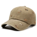 Vintage khaki washed cotton baseball cap featuring detailed dachshund dog embroidery - Khaki