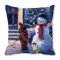 Merry Christmas peach skin pillowcase featuring snowman and child oil painting print - Snowman and Child