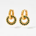 Gold-plated stainless steel hoop earrings featuring dangling pave-set emerald green charms - Gold Green (KDE1107)