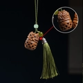 Carved sandalwood owl pendant with green tassel and jade bead in retro Chinese style - Approx. 3.4x2.4cm / Green Sandalwood Awakening Lion Style - No Aroma Pill