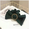 Dark green satin bow hair tie with a large round rhinestone buckle decoration - Dark Green