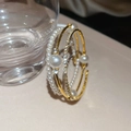 Detail of layered gold bangle with white pearls and sparkling rhinestone inlay - Triple Layer Stacked Style (6# Bracelet-Gold)