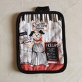 Square cotton oven mitt with dog butcher shop illustration and black piping trim - Dog