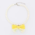 Cute faux pearl pet necklace with a yellow plaid bow and colorful mesh ball accents - Yellow
