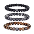 Three-piece beaded bracelet set with black agate, map stone, and tiger eye beads - Matte Black + Black Flash + Tiger Eye