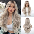 Long wavy platinum blonde wig with bangs, featuring a soft voluminous layered look - Ombre Ash Blonde