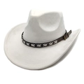 Detailed close-up of white suede cowboy hat featuring brown strap with cross stitching - M (56-58cm) / Beige