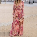Pink bohemian floral maxi dress with deep V-neck and long sleeves for a slimming look - S / Pink