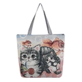 Jacquard canvas tote bag featuring a gray striped cat and goldfish pattern with striped handles - Goldfish Cat