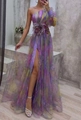 Detail of floral appliques and sheer mesh texture on this one-shoulder slit maxi dress - S / Purple