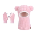 Winter knit balaclava and touchscreen gloves set for kids in sakura pink color - Dual-color Pink