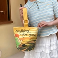 Yellow canvas bucket bag with pastoral illustration and Anything for you text detail - Anything For You Sunset