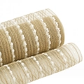 Christmas mesh ribbon roll in khaki with white chenille stripes and gold wire wave lines - Natural Burlap Color with White Flocking Mesh (9m/Roll)