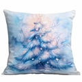 Square blue Christmas pillowcase with watercolor style snow-covered tree and snowflake design - Watercolor Snowy Tree (CDR350-17)