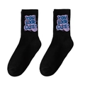 Black crew socks with blue and purple YOU LOOK CUTE graffiti embroidery on white background - One Size (Plus Size) / YOU LOOK CUTE Graffiti / Black No.19