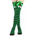 Christmas over-the-knee socks with green and black stripes and bow pom-pom detail - One Size / Green Bowknot With White Pompom / Green Black Stripes