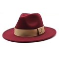 Detail of burgundy wool fedora featuring khaki ribbon and small gold bee metal emblem - Burgundy
