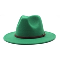 Detailed close-up of grass green wool fedora hat with a brown braided decorative band - M (56-58cm) / Grass Green