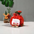 Christmas red drawstring gift bag featuring 3D snowman face and festive stripe bow - Green Border Christmas Snowman Bag