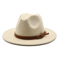 Detail of cream wool fedora hat featuring a brown leather band and metal buckle - Beige