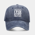 Détail de la casquette en coton bleu marine délavé avec finition vintage et slogan imprimé - Réglable / Bleu marine