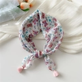 Floral cotton linen scarf with blue and pink butterfly prints and tassel edges - Colorful Butterfly White (Fringe)