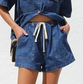 Pantaloncini vintage in denim blu scuro da donna con vita alta e coulisse bianca - S / Pantaloni Blu Scuro