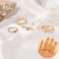Five-piece gold ring set featuring leaf patterns and purple and white gemstones - Purple Gemstone Leaf Gold Stackable Ring Set (8745)