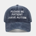 Detail of navy washed cotton baseball cap with white Please Be Patient embroidery - Adjustable / Navy Blue