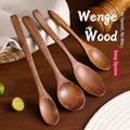 Set of four long-handled wenge wood spoons with natural grain for kitchen dining - Rice Spoon + Soup Spoon Set