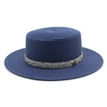 Detail of navy straw sun hat with silver rhinestone band and metallic M logo emblem - M (56-58cm) / Navy Blue