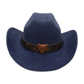Dark blue faux suede cowboy hat with leopard print band and bronze leopard head buckle - Navy Blue (Leopard Head Belt)