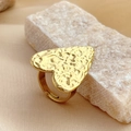 Adjustable golden stainless steel ring featuring a large hammered heart-shaped face - Hammered Heart
