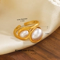 Gold stainless steel ring with dual pearls in a twisted bypass open adjustable design - Winding Streamline Twin Pearl Style (ZN1503-1192)