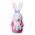 Pink Easter gnome plush with bunny ears and white beard holding a blue polka dot egg - Pink Rabbit Style