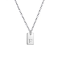 Macro shot of silver square pendant with engraved letter F on a delicate O-chain - Cross Chain/Letter F / Steel-Cross Chain-F