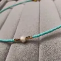 Blue seed bead necklace featuring white freshwater pearl and gold square spacers - Turquoise Blue Freshwater Pearl Necklace (38+5CM)