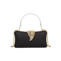 Black evening clutch bag with matte texture, gold leaf clasp, and metal chain strap - Black