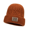 Thick knit beanie in caramel orange with warm fleece lining and leather fashion patch - Orange