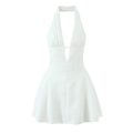 French retro white halter neck dress with deep V-neck and pleated waist details - S / White