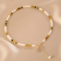 Minimalist freshwater pearl necklace with colorful beads on golden silk fabric - White Pearl and Multi-stone Gold Buckle Necklace (TAT-397)
