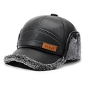 Gorra de béisbol de invierno para hombre en cuero negro con orejeras de piel gris - Piel Gris